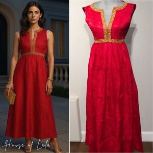 Vintage 60s red gold party hostess maxi dress. Holiday Christmas dress Gold trim